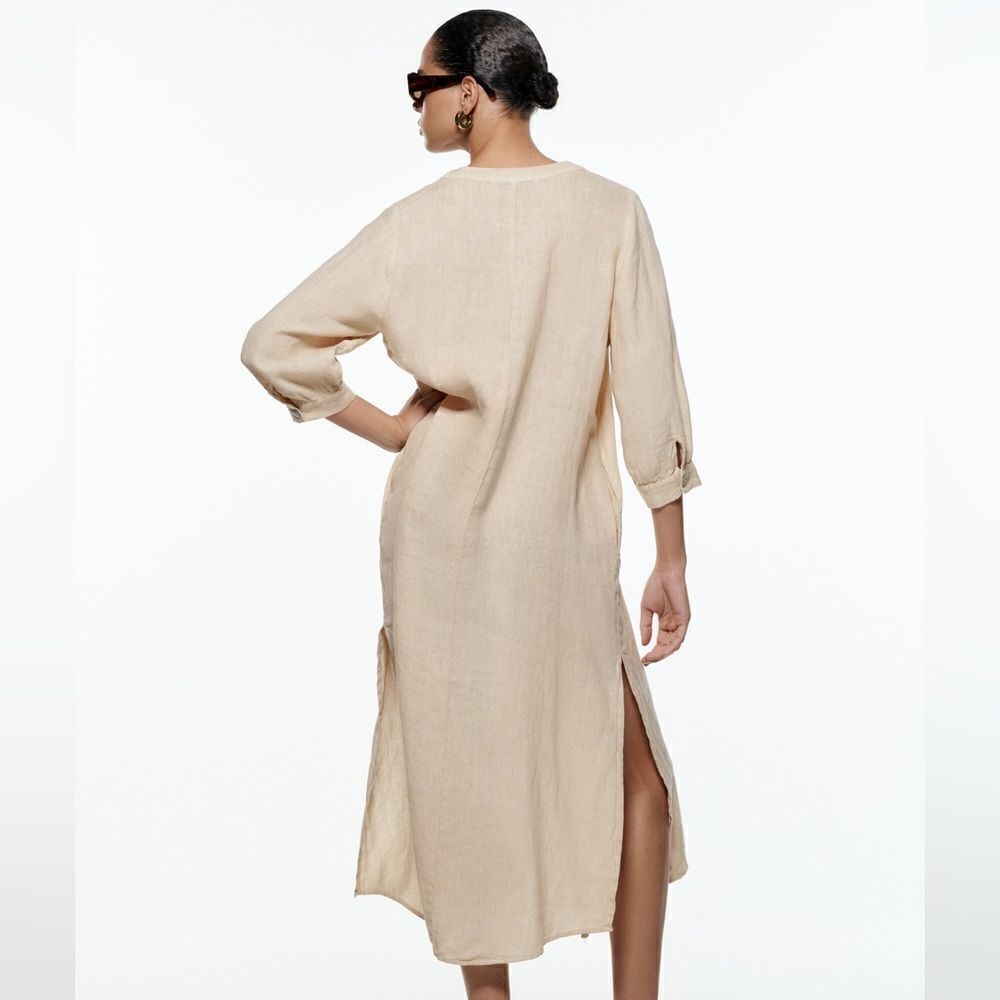 Zara 100% Linen Dress Midi Pockets Vents Sand - Picture 7 of 7